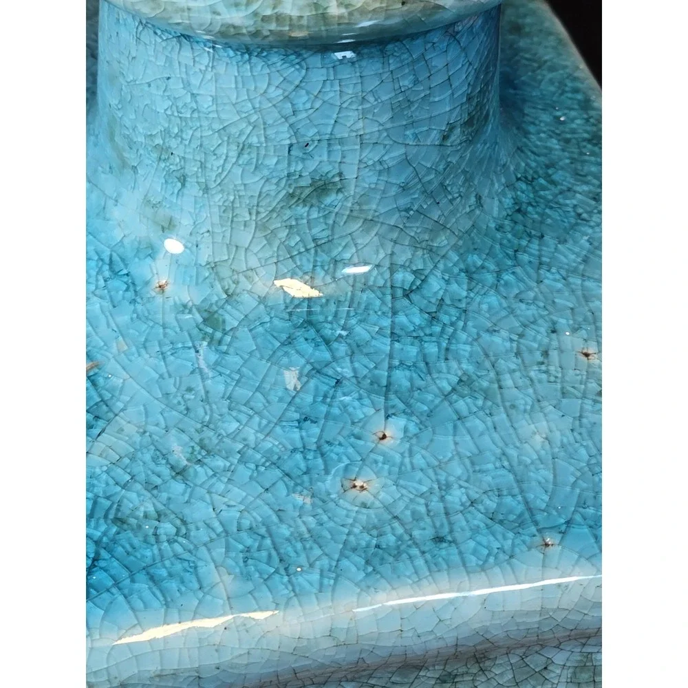 *Vintage Studio Pottery Vase Turquoise Drip Glaze White Crackle Square Modernist